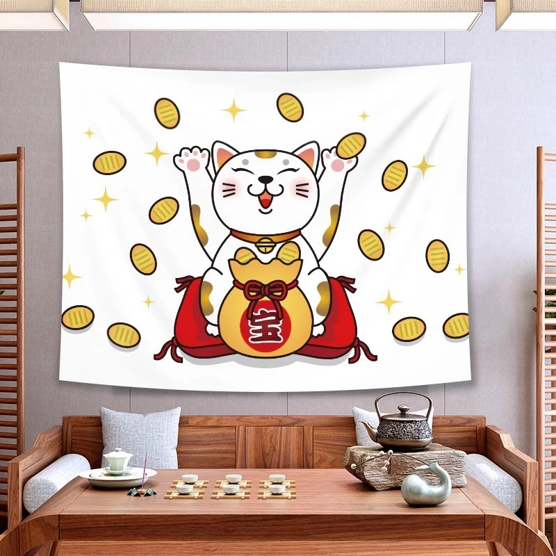 VIKAMA Maneki Neko Tapestry Wall Hanging White Lucky Cat Money Bag Gold Coins Cute Kawaii Aesthetic Wall Art Room Decor