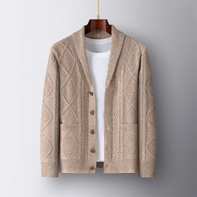 Men's Knitted Cardigan, Youth Lapels Long Sleeve Coat, Men's Sweater Casual, Camel Black Gray Warm Sweater
