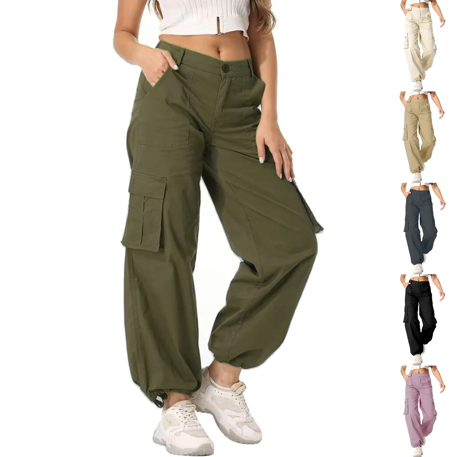 Women's Multi-pocket Cargo Straight-leg Pants High-waisted Loose Trousers Spring Autumn Casual Sweatpants Solid Color Pants