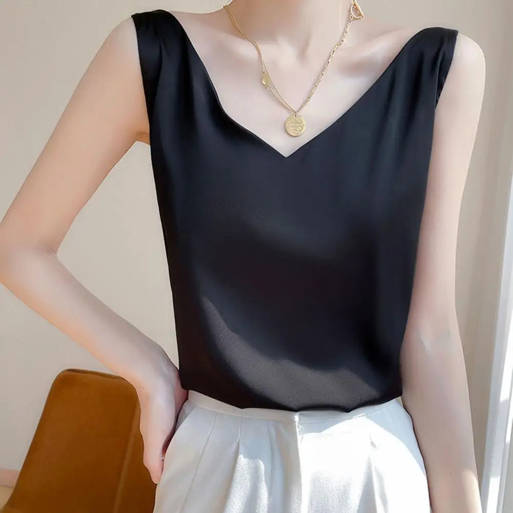 Silk Satin Women Office Lady Double Shoulder Camisole Tank V-neck Sleeveless Top T-shirt Elegant Crop Top Solid Casual Basic New