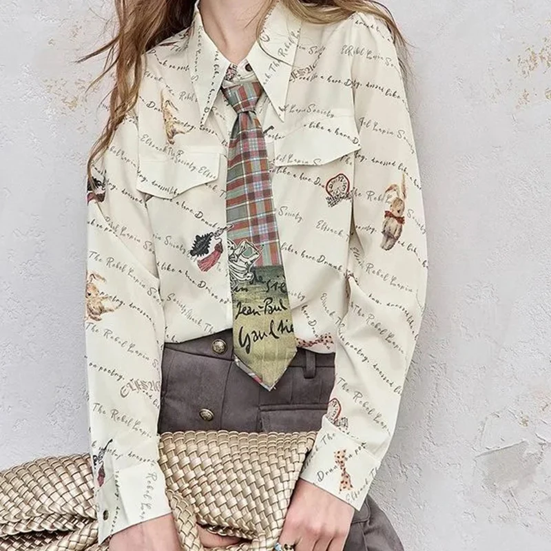 

Корейская модная блузка с принтом кролика для женщин, с длинным рукавом, в стиле преппи, на пуговицах, в стиле Харадзюку Y2K, с буквенным принтом, повседневный свободный топ