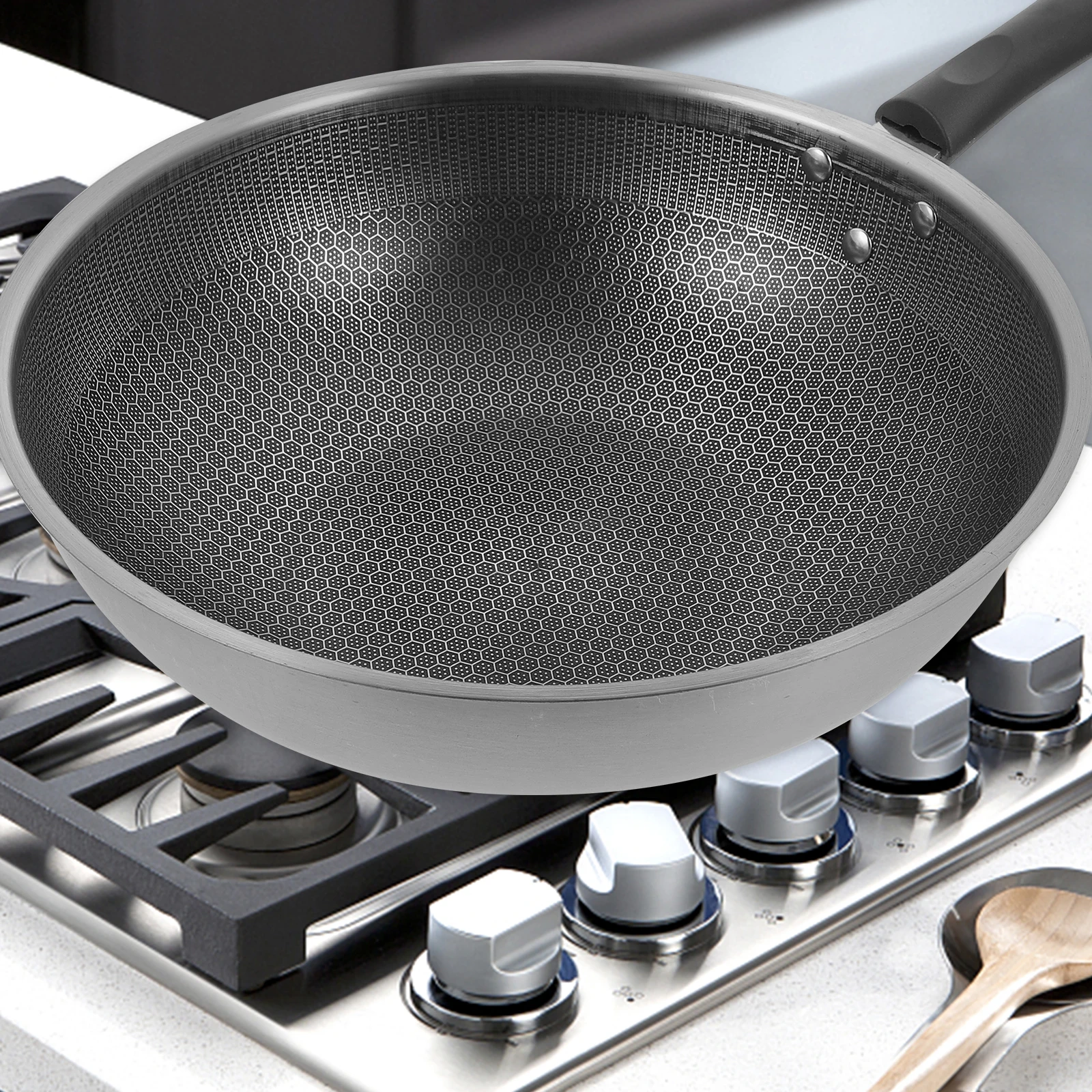 

Stainless Steel Wok Frying Pan 32cm Single Handle Nonstick Honeycomb Design Egg Fry Pan Small Family Use Easy Clean Anti