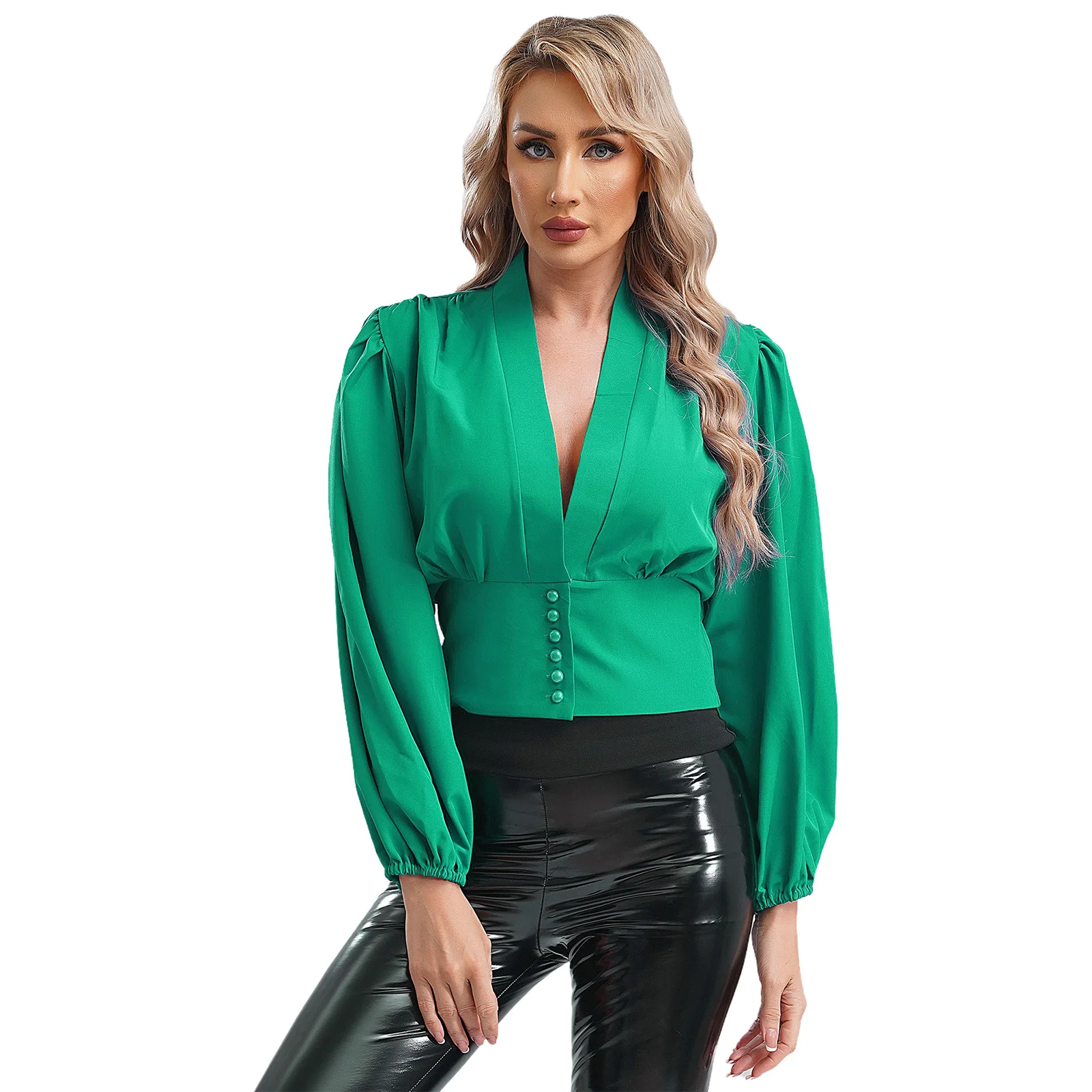

Womens Fashion Lantern Sleeve Ruched Crop Tops Blouse Solid Color V Neck Button Tee Shirts Top for Office Lady Cocktail Party