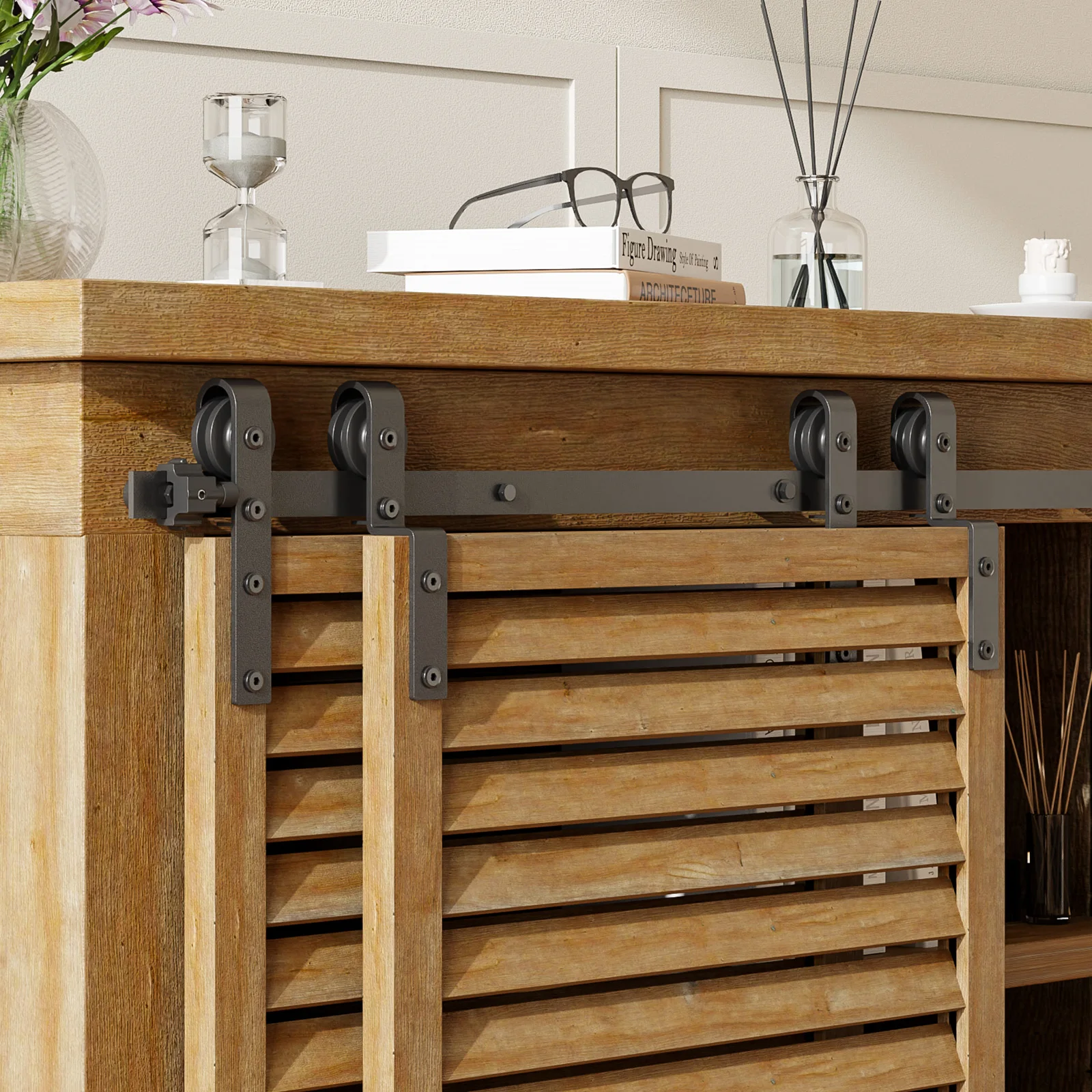 

TMS Heavy-Duty Black Mini Overlay Double Door Barn Door Hardware Kit