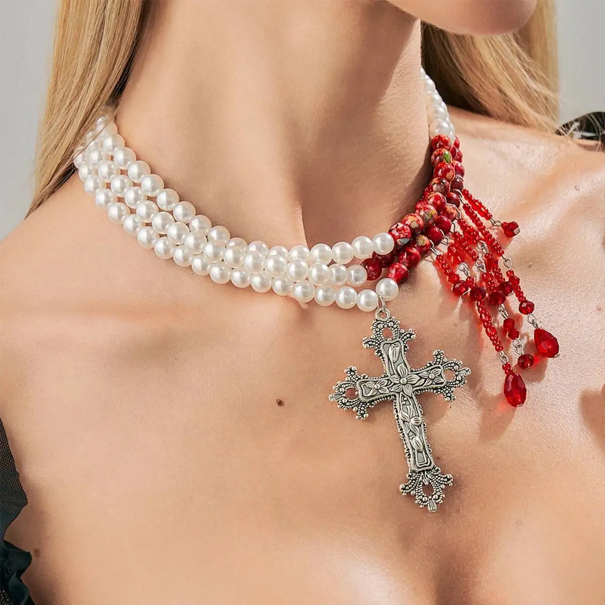 

PuRui Goth Retro Imitation Pearl Choker Necklace Multilayer Red Blood Acrylic Crystal Cross Pendant Halloween Jewelry Accessory
