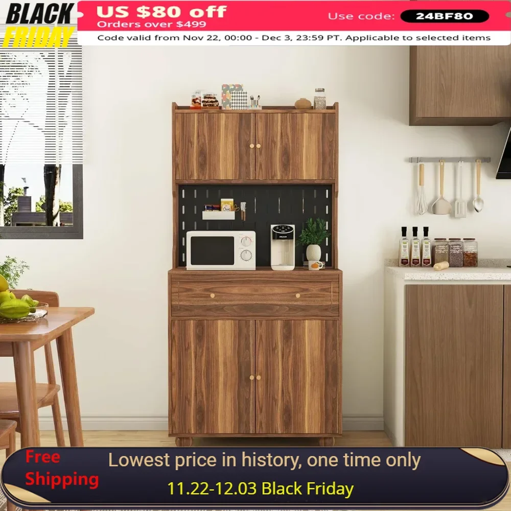 

63" Kitchen Pantry Cabinet with Countertop Kitchen Storage Microwave Stand Pantry Storage Cabinet Fluted Doors