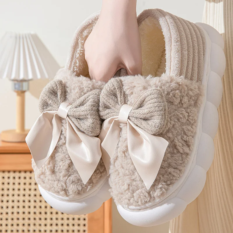 NONE Baumwollhausschuhe für Damen, Herbst und Winter, dicke Sohle, für den Innenbereich, warme Paare, Schuhe, Schleife, rutschfeste, flache Plattform, Damen-Slipper 4