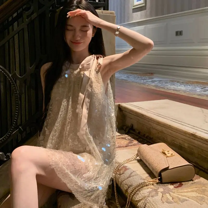 Kimotimo Women Sequins Halter Lace Up Party Dress 2024 New Holiday Style Loose Sleeveless Fairy Mesh Mini Dresses Y2k Vestidos