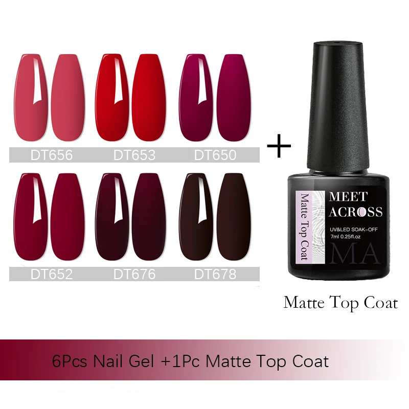 MEET ACROSS 7Pcs/Set Gel Nail Polish Set With Matte Top Coat Nude Red Pink Nail Art Soak Off Gel Polish Kit Manicure for Nails