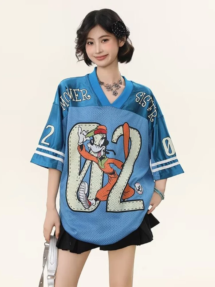 

American Retro Style Sweet V-Net Mesh Short Sleeve T-shirts Oversized Loose Cartoon Print Jersey Women Summer Fashion Tops