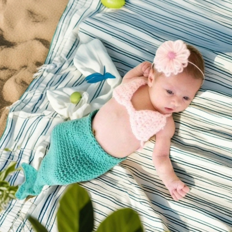  Baby Sea-maiden Outfit for Newborns Photoshoots 1-6 Months Infant Girls Photography Dress with Hairband Bra Comfortable