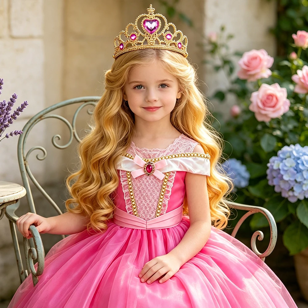 Kinder Rosa Feenprinzessin Kostüm Mädchen Geburtstag Schulterfreies Ballkleid mit Krone Zauberstab Handschuhe Set Kinder Halloween Kostüme – Detail 9