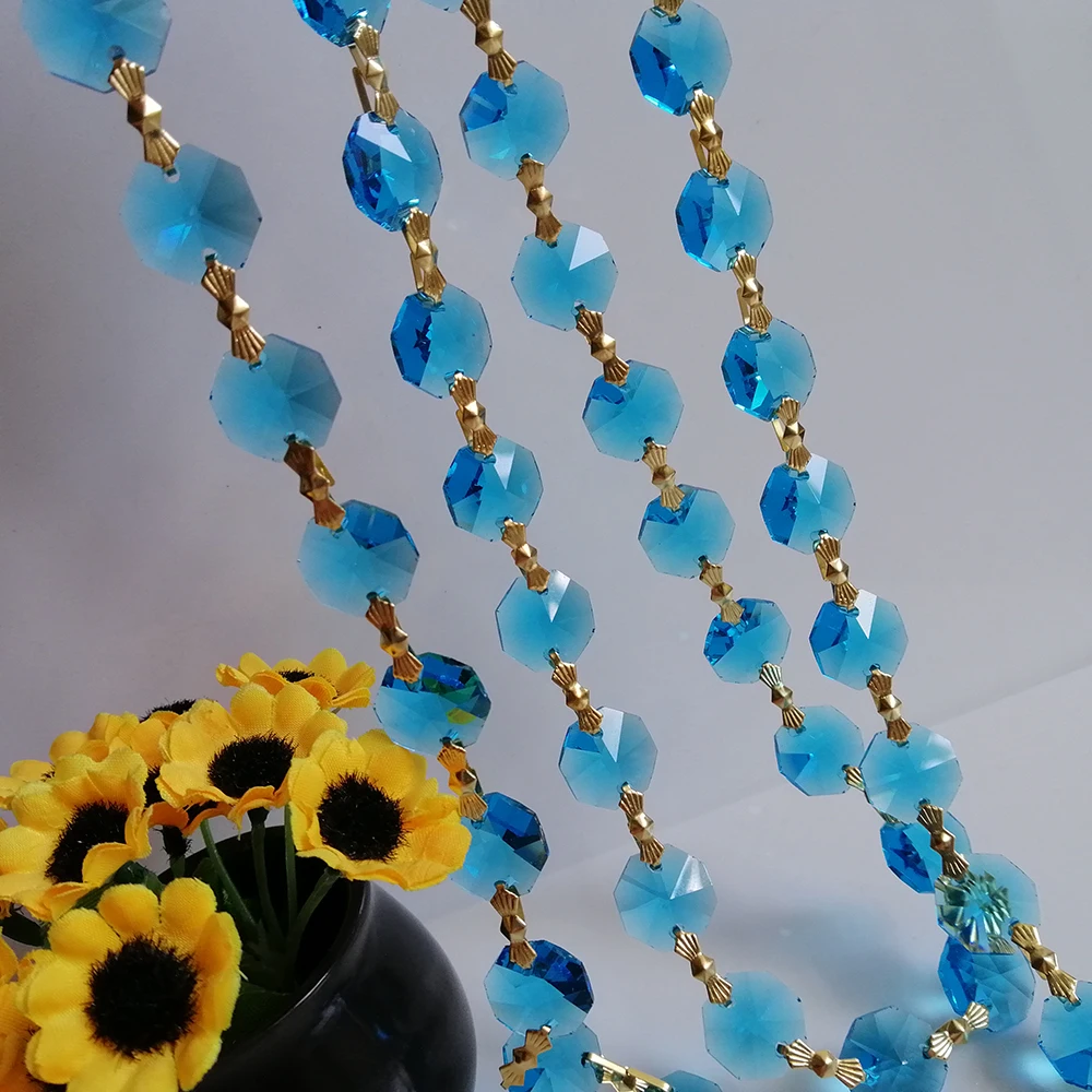 1Yard Garland Chain14mm Lake Blue Crystal Bead Octagon Hanging W/Gold Bowtie Wedding Party Curtain Christmas Tree Ornament Decor