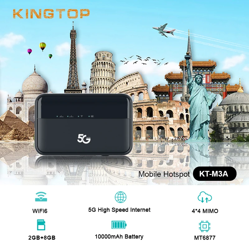

KINGTOP M3A Карманный WiFi-модем 5G с аккумулятором 10000 мАч, слотом для SIM-карты, для использования вне помещений, VPN, широкополосный доступ, 16 LAN-портов
