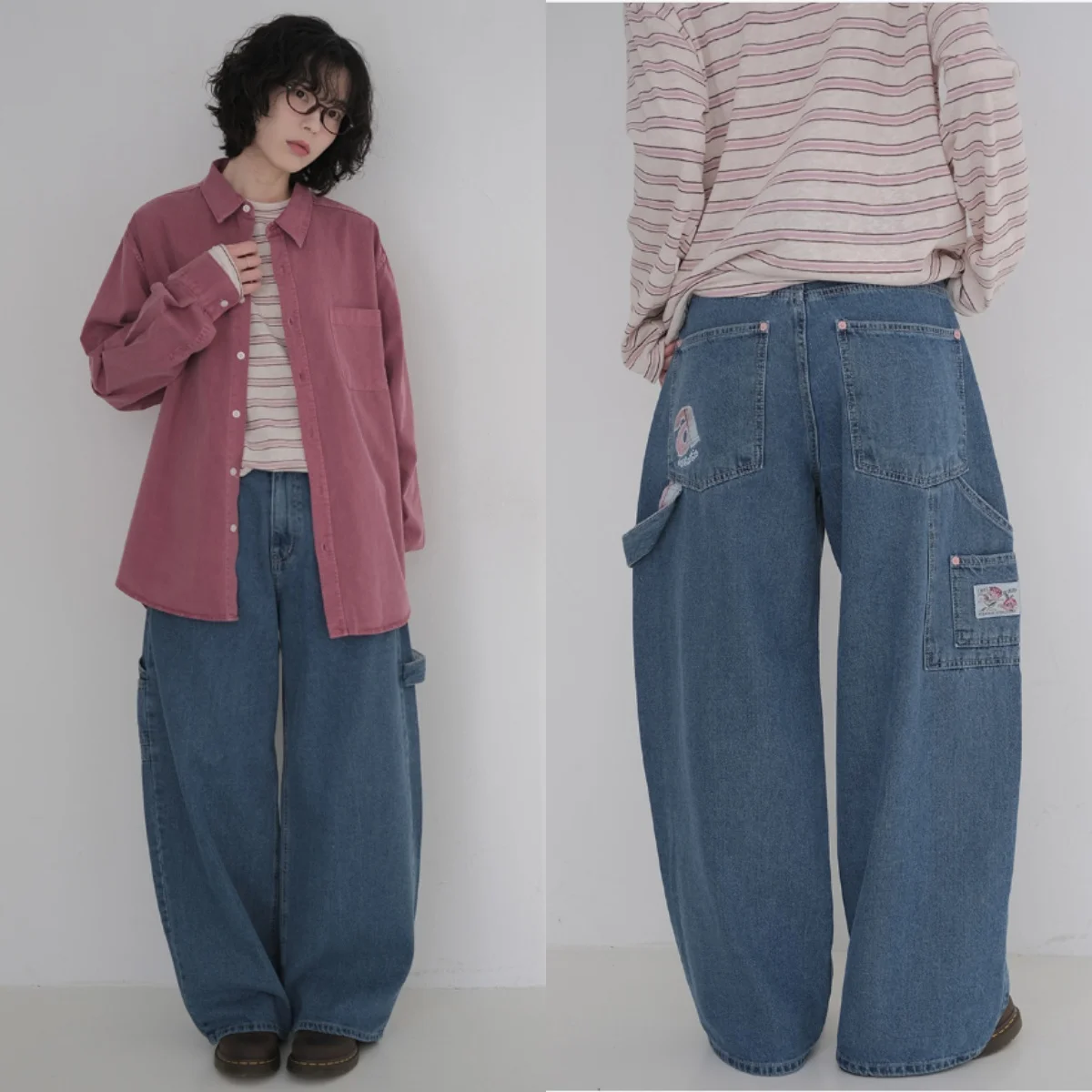 Korean Chic Letter Patched Workwear Denim Pants Women High Waist Multiple Pockets Loose Wide Leg Washed Long Trousers