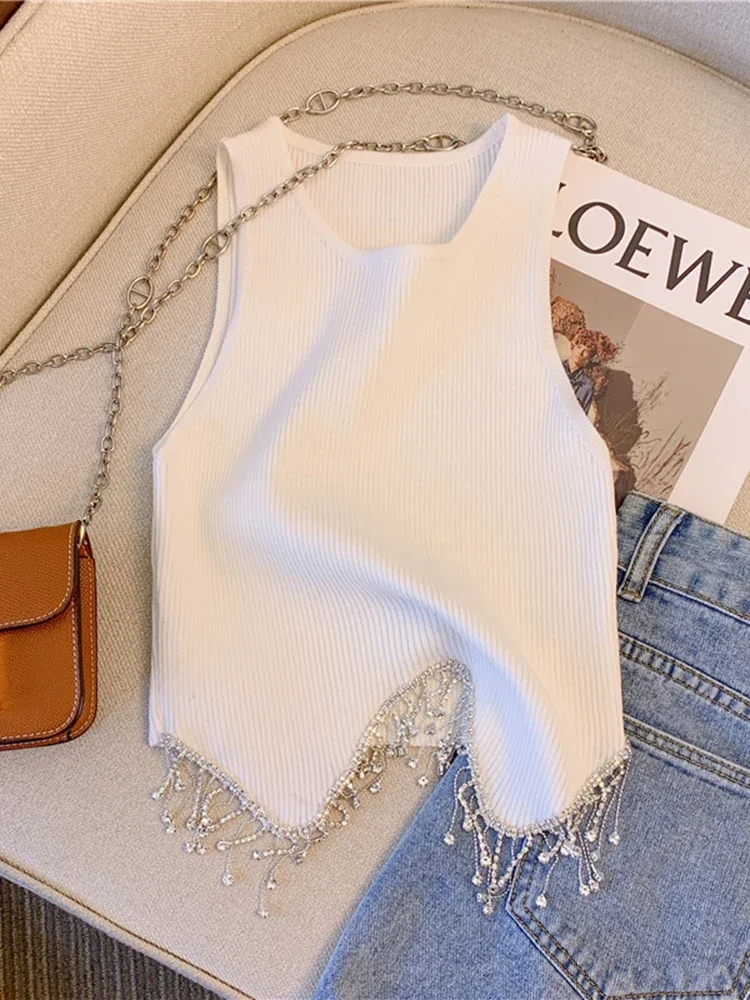 2026 Summer Tassel Tank Tops Women Sexy Sleeveless Camisole Tube Crop Tops Female Diamond Short Camis Tank Slim Crop Vest Tops