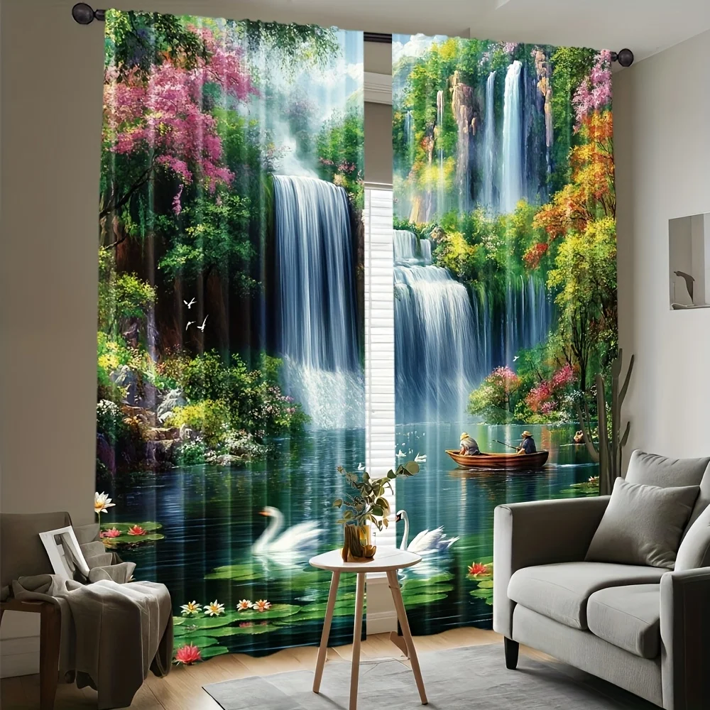 Elegant waterfall pattern printed curtains, pole-mounted installation. Suitable for living rooms, bedrooms, dining rooms hotels