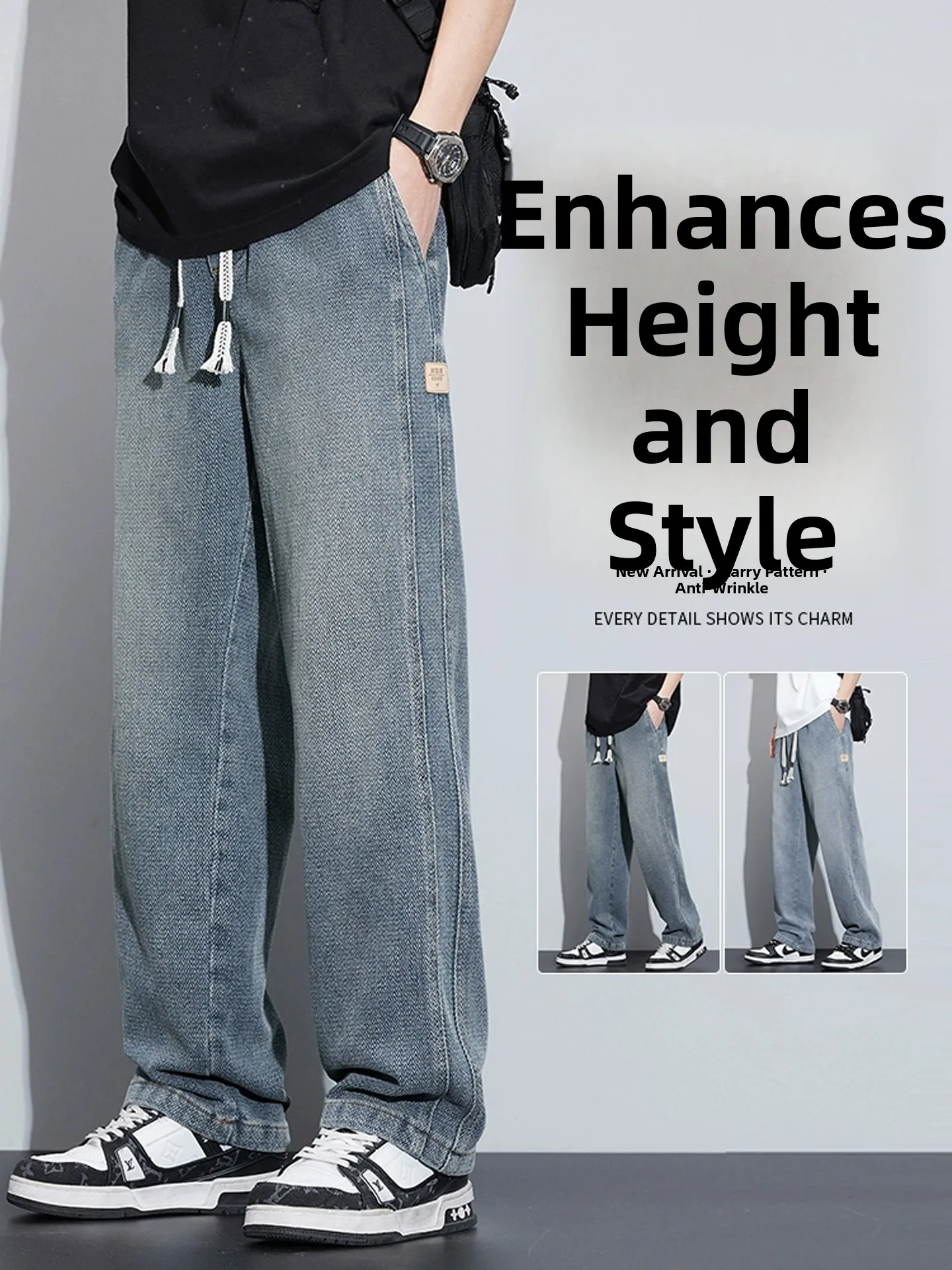 

Men's Summer New Sle Wide Leg Straight Cut Jeans Casual High Street Starry Pattern Loose Fit Dstring mid Waist Jeans