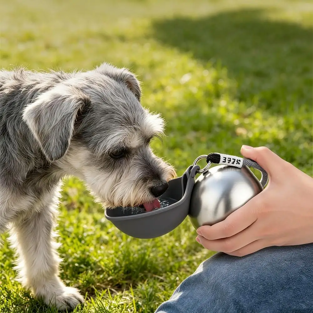 304 Edelstahl Haustier-Trinkflasche, runde Outdoor-Wasserflasche für Katzen und Hunde, tragbarer, faltbarer Wasserspender mit Hängeseil – Detail 9