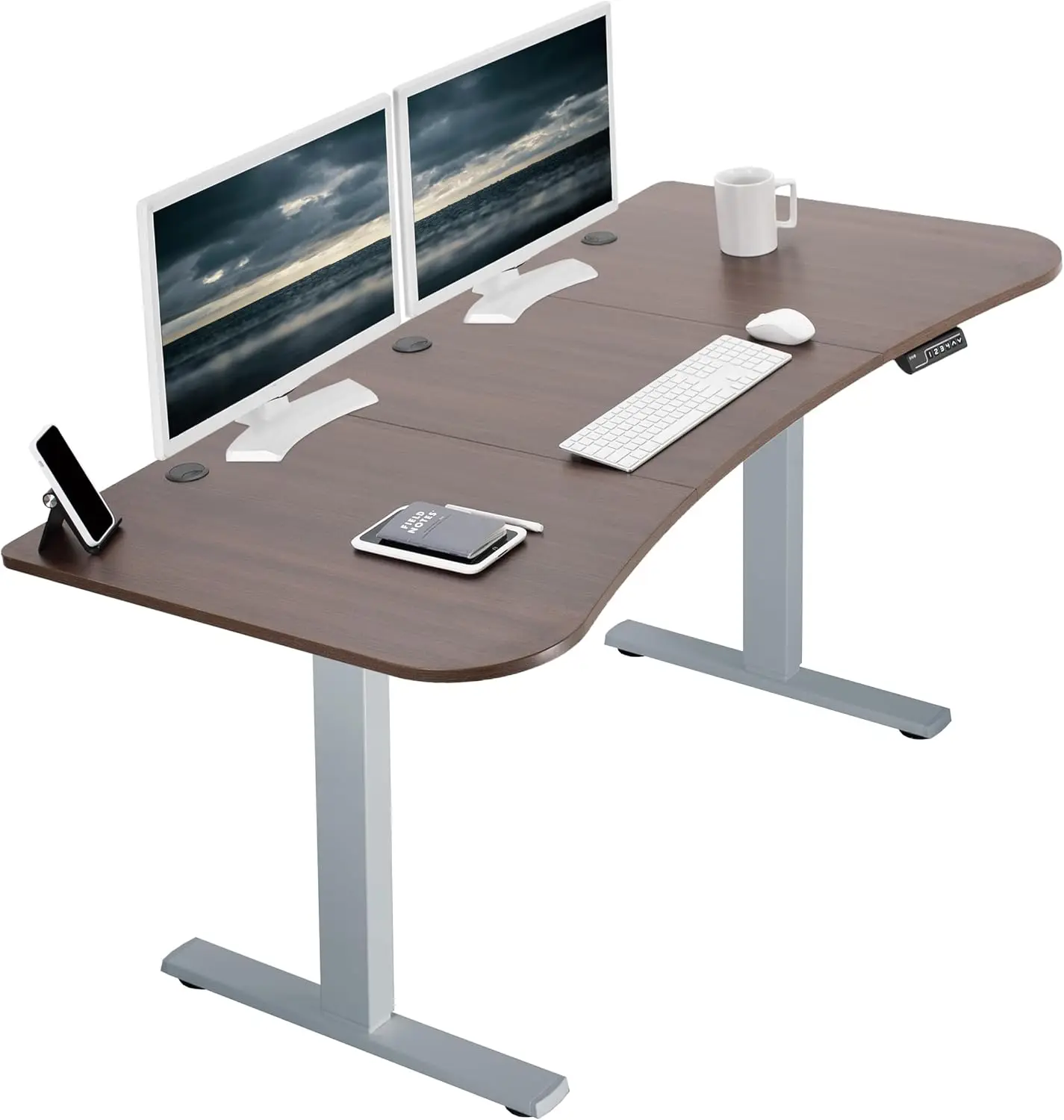 

Electric 63 x 32 inch standing desk workstation with memory controller height adjustment, dark walnut top grey frame