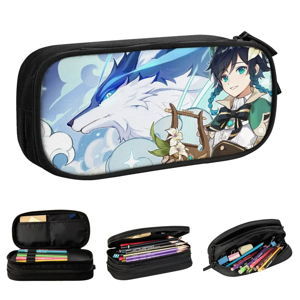 Genshin Impact Venti Dvalin Pencil Case Fashion Anime Pen Box Bags Student Big Capacity Office Gift Pencilcases