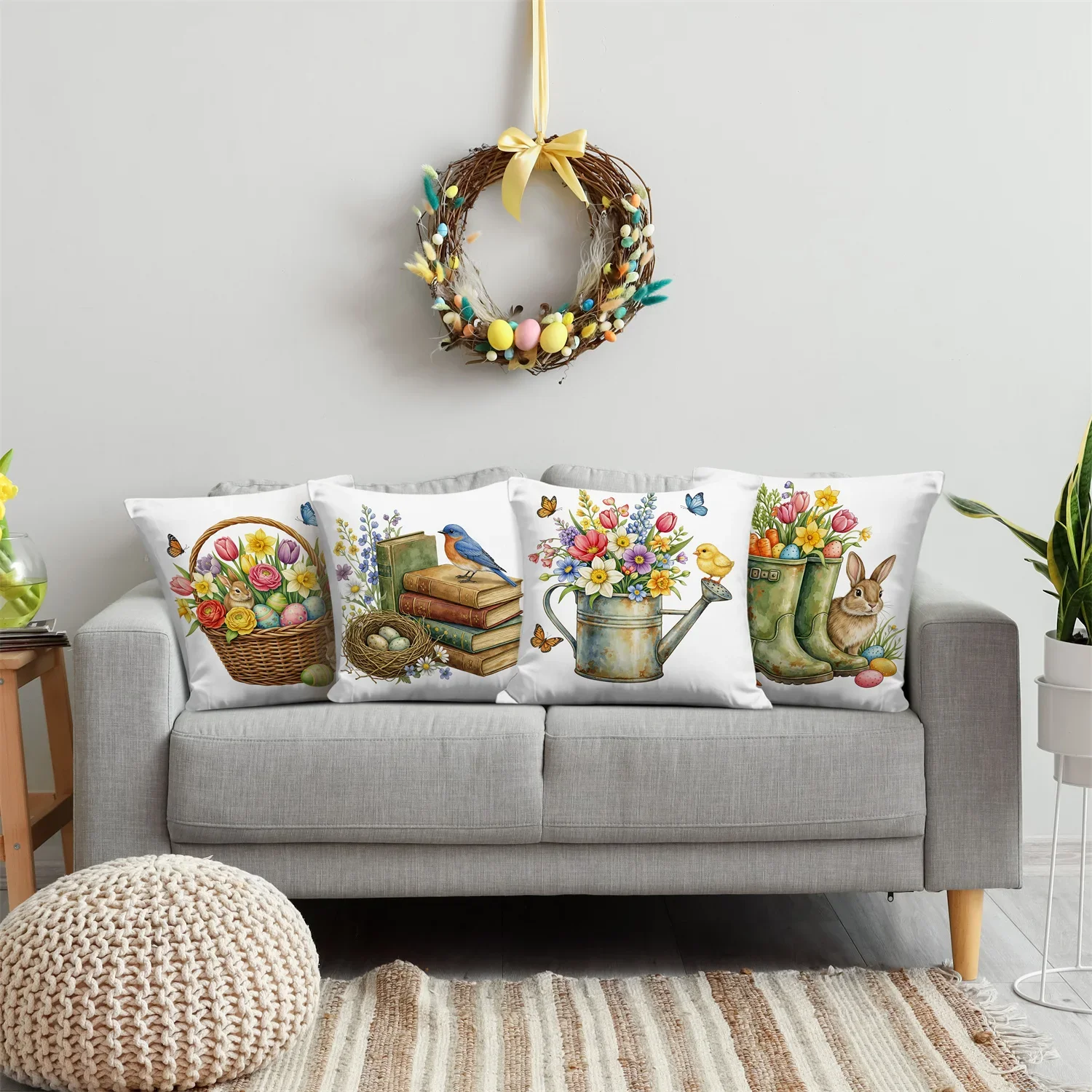 Four-Piece Set of Spring Garden Themed Throw Pillow Covers Featuring Baskets, Books, Boots, and Watering Can Illustrations