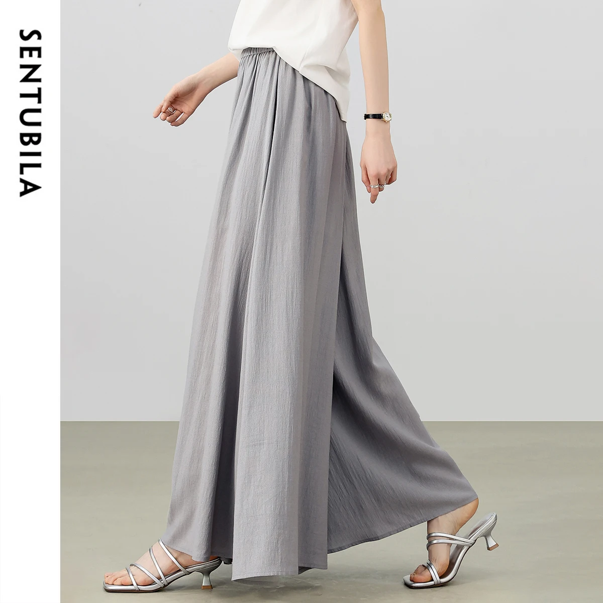 SENTUBILA Simple Wide-leg Skirts Pants For Women 2025 Summer Elastic Waist Elegant Casual Fashion Female Trousers 152KF1702