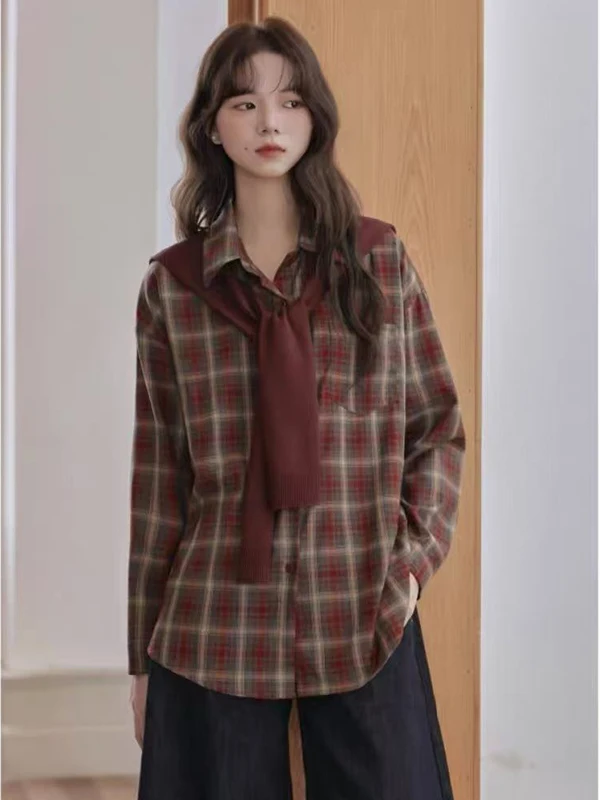 

plus Size 300 Pou Chic Retro Plaid irt Women's Spring Casual Coat Outerwear Large Size Inner Wear Comfortable Breat...