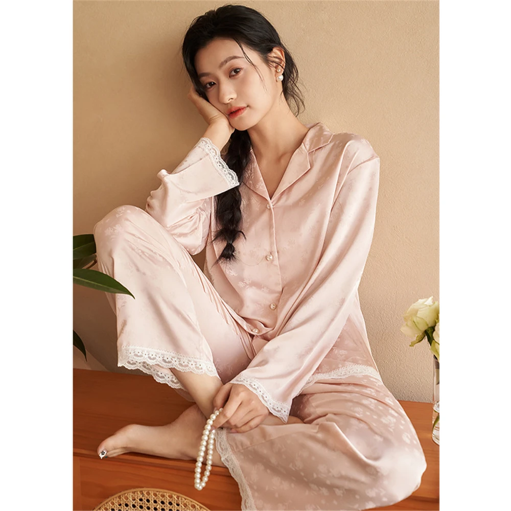 Women's Spring Summer Ice Silk Jacquard Pajamas Double Pocket Lace Long-sleeved Pants Sleepwear Set Casual Breathable Loungewear