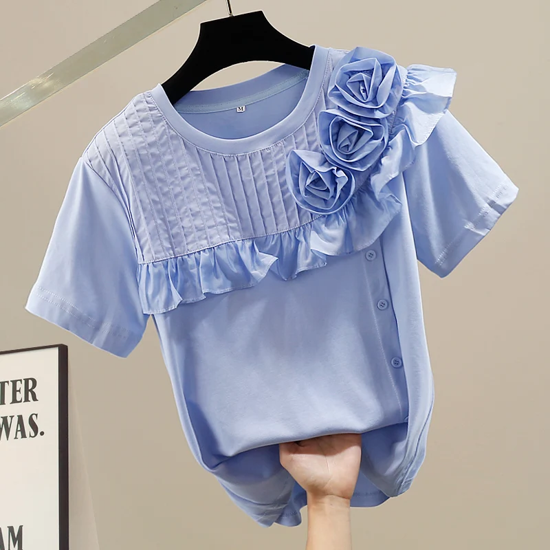 Fashion Heavy Industry 3D Slim Elegant T-shirt 2024 Summer New Round Neck Short Sleeve Women's Ruffled French Pleated Tees Tops