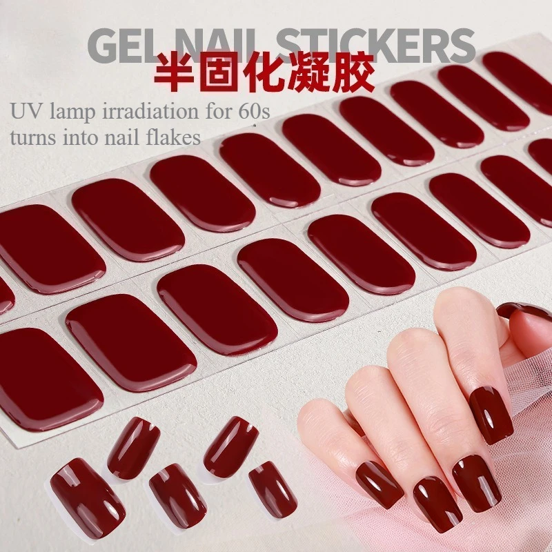 16Tip Cherry Red Semi-Cured Gel Nail Sticker Solid Long-Lasting UV Nail Sticker Full Cover Decals UV LED Extension Gel Nail Foil