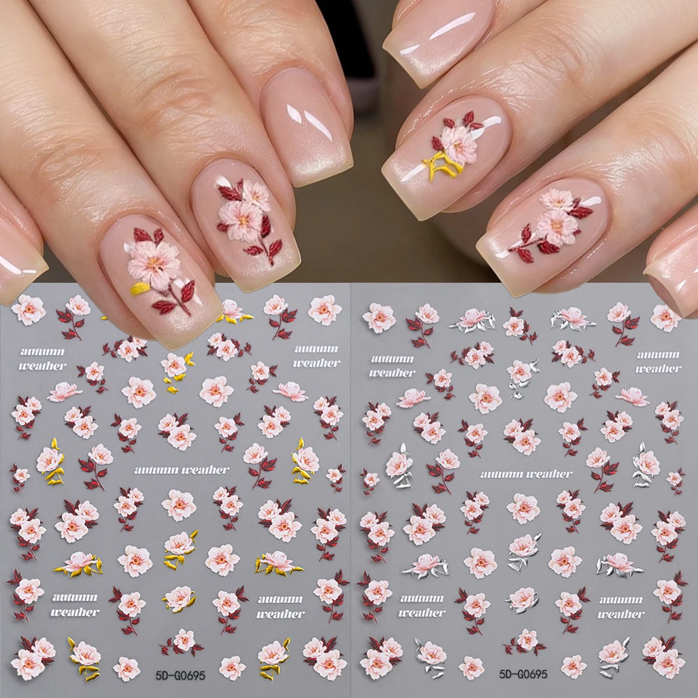 

2pcs Spring Peony Flowers Nail Stickers Blooming Pink Living Peach Branch 5D Soft Relief Nail Decals Floral Plants Manicure Deco