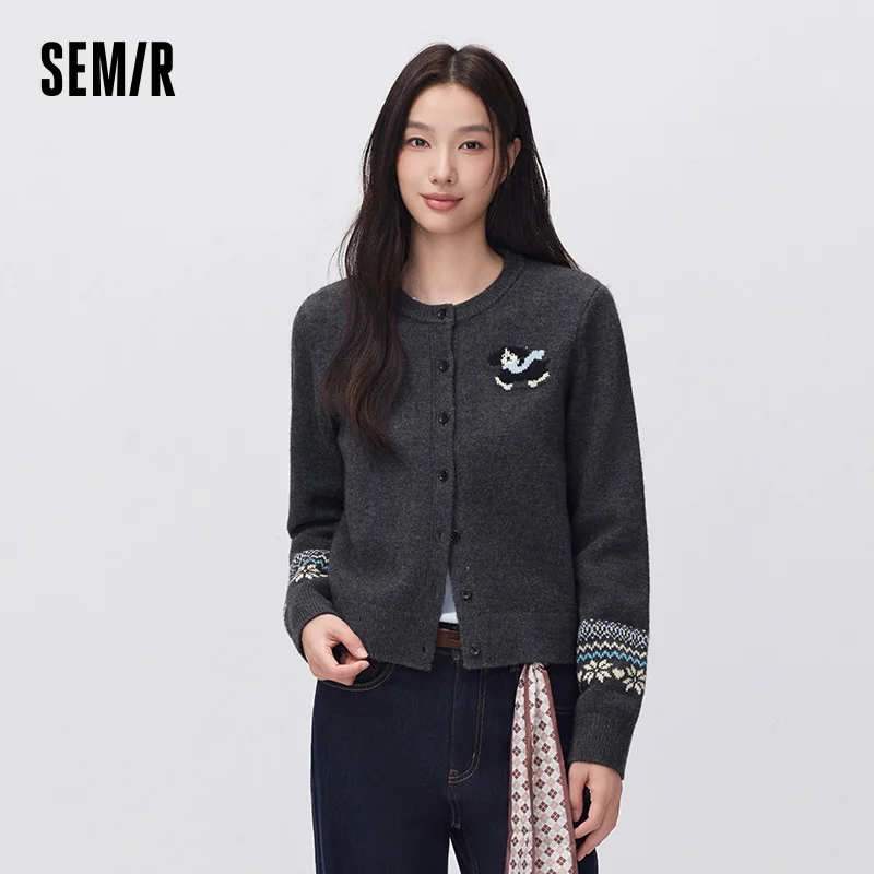 Semir Women Knit Cardigan Cropped Dog Graphic Geometric Jacquard Crew Neck 2026 New Winter Daily Wear Urban Casual Style