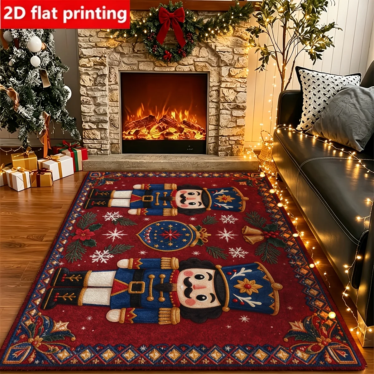 1pc 2D Flat Nutcracker Snowflake Bell Christmas Printed Floor Mat, Decorative Rug for Living Room, Bedroom, Home