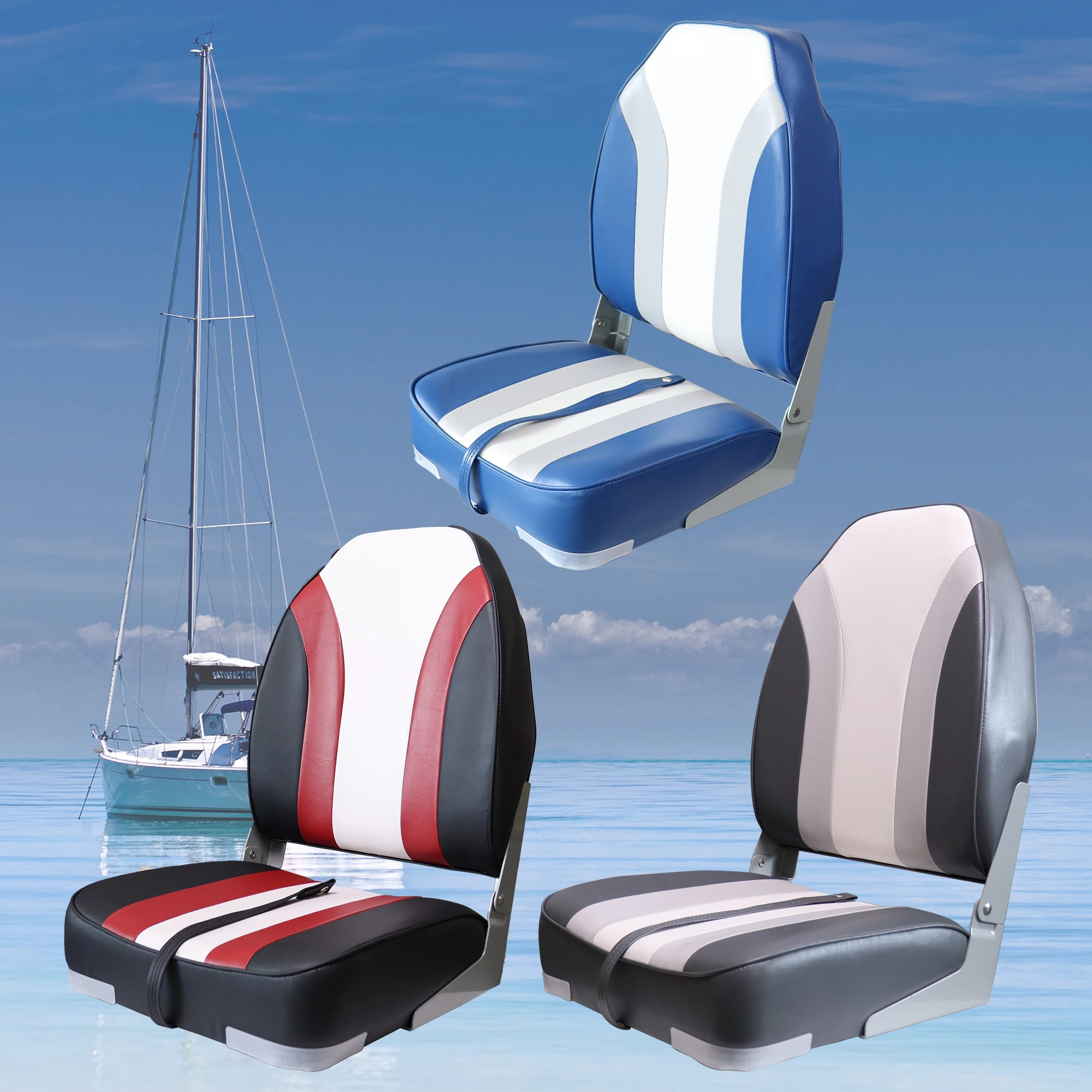 Waterproof PVC Folding Boat Chairs Durable Marine-Grade Seats for Yachts, Fishing Boats, Jet Skis (Blue & White Striped Design)