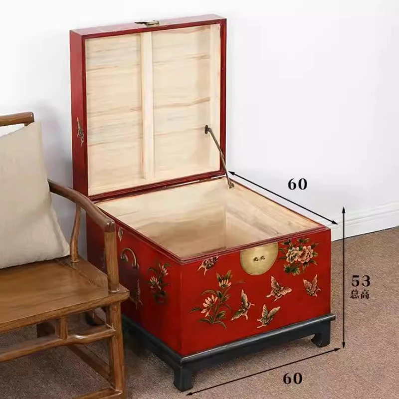 Chinese Camphor Wood Painted Storage Box Vintage Hand Painted Dowry Chest Living Room Side Table