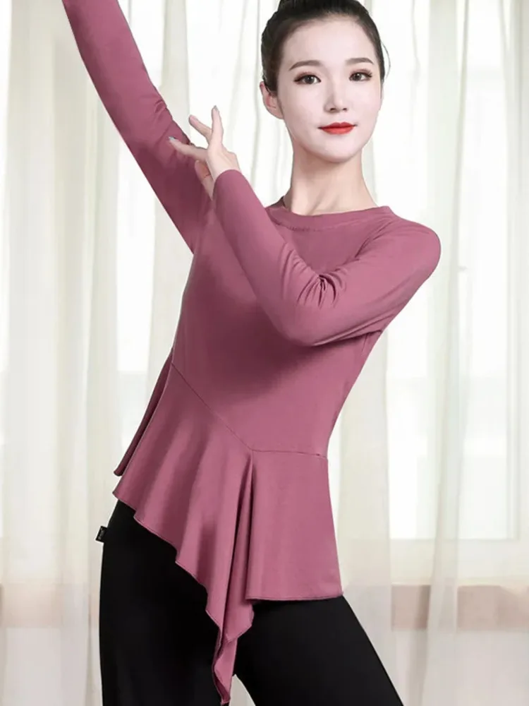 Jednokolorowy asymetryczny top do tańca z falbanką dla kobiet – elegancki kostium sceniczny do występów klasycznych