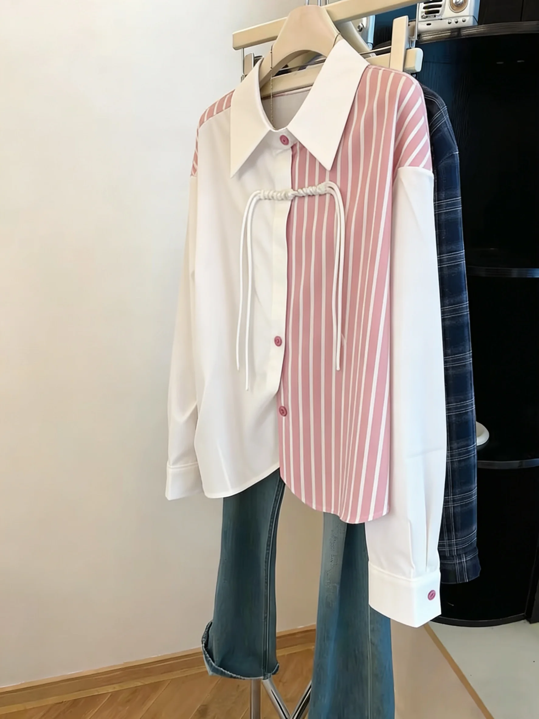 

Retro Striped Loose Fit Collared Shirt Unisex Spring Autumn Fashion Casual Long Sleeve Youth Regular Length Button up Top