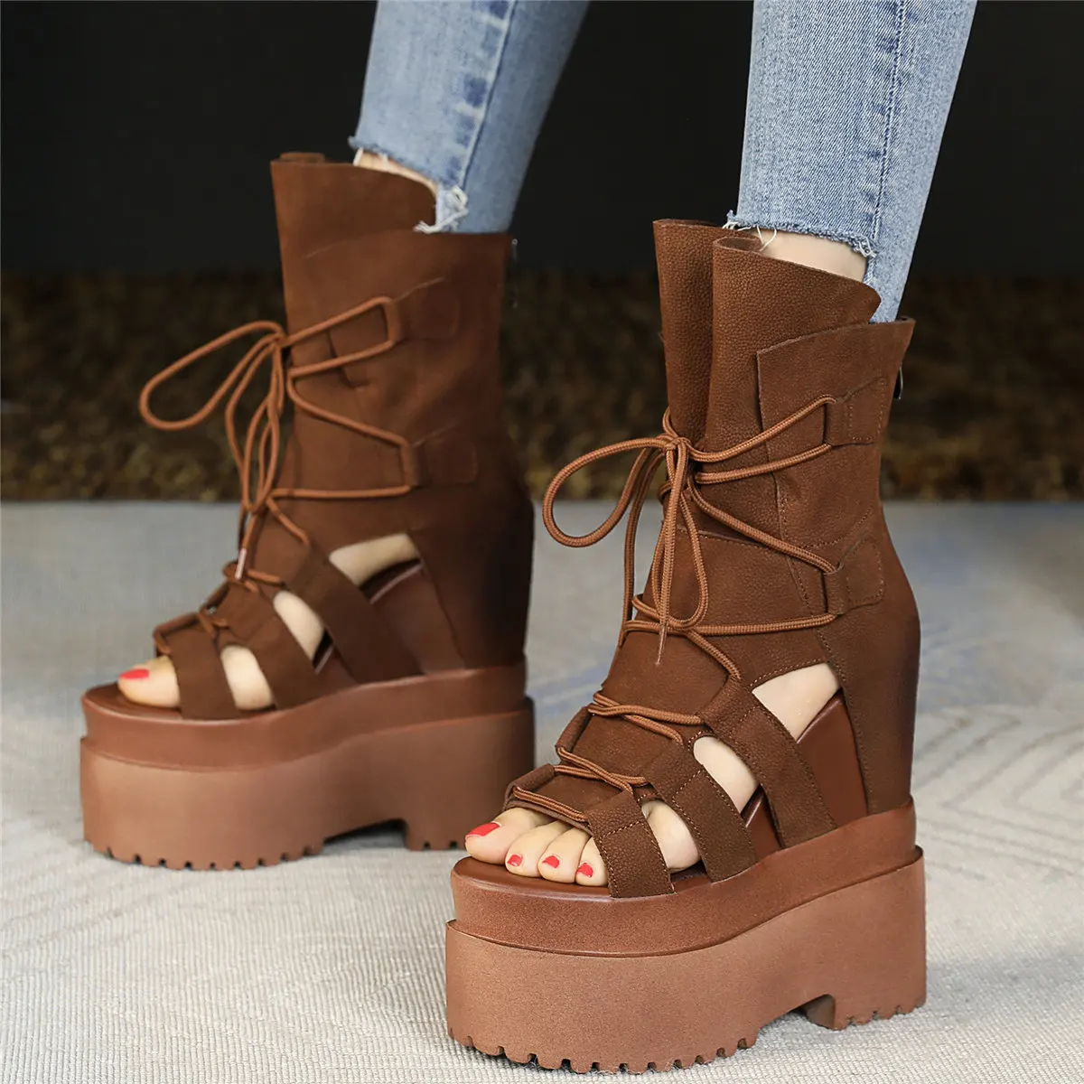 Summer Wedges Fashion Sneakers Women Lace Up Cow Leather High Heel Gladiator Sandals Female Open Toe Platform Pumps Casual Shoes