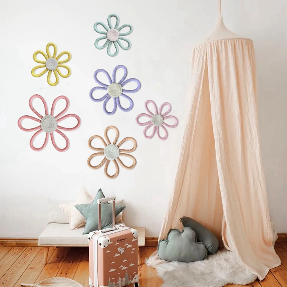 Boho Flower Wall Decor Natural Cotton Yarn Daisy Wall Hanging Art Rustic Butterfly Wall Art for Home Office Nursery Kids Room