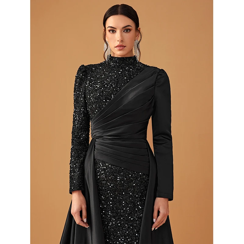 2024 New Fashion Women Long Sleeve O Neck High Waist Black Sequins Ball Gown Cocktail Prom Evening Formal Occasion Maxi Dress