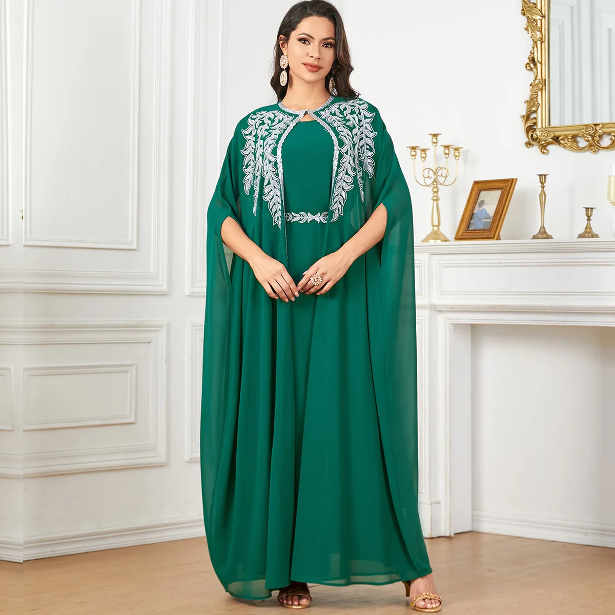 Elegant Cloak Party Gown for Women Moroccan Saudi Kimono Belted Dress Turkey Abayas Set Arab Kaftan Dubai Kaftan Muslim Jalabiya