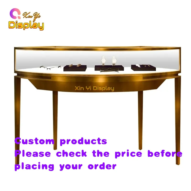 custom.High End Luxury Arched Jewelry Display Cabinet Custom Made Stainless Steel Glass XINYI LED Lit Jewelry Shop De