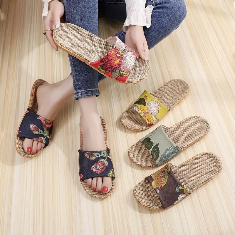 المرأة الصيف وصول جديد الكتان النعال داخلي المنزل المضادة للانزلاق تنفس العرقية نمط الأزهار الكتان مريح الشرائح #2