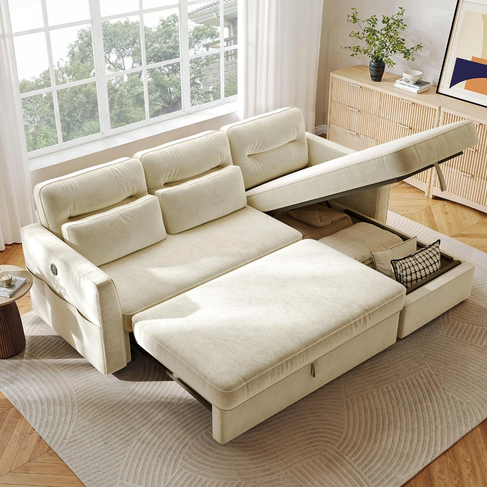 #￥L Shaped Couches Convertible Pull Out Couch Bed Cloud Chenille Couch with Reversible Storage Chaise USB for Living Room