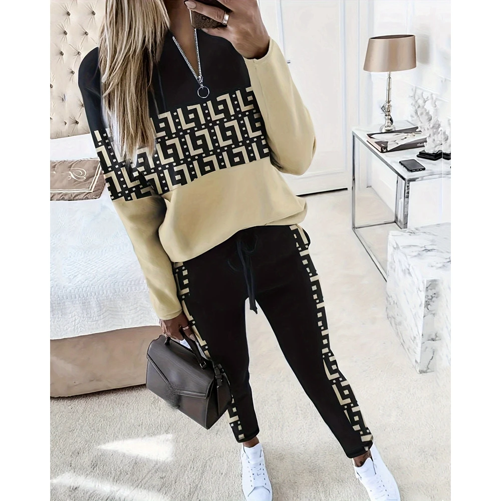 Suits for Women Geometric Print Zipper Front Long Sleeve Top & Pants Set Casual Femme Work Out 2 Pieces Suits Set Women y2k