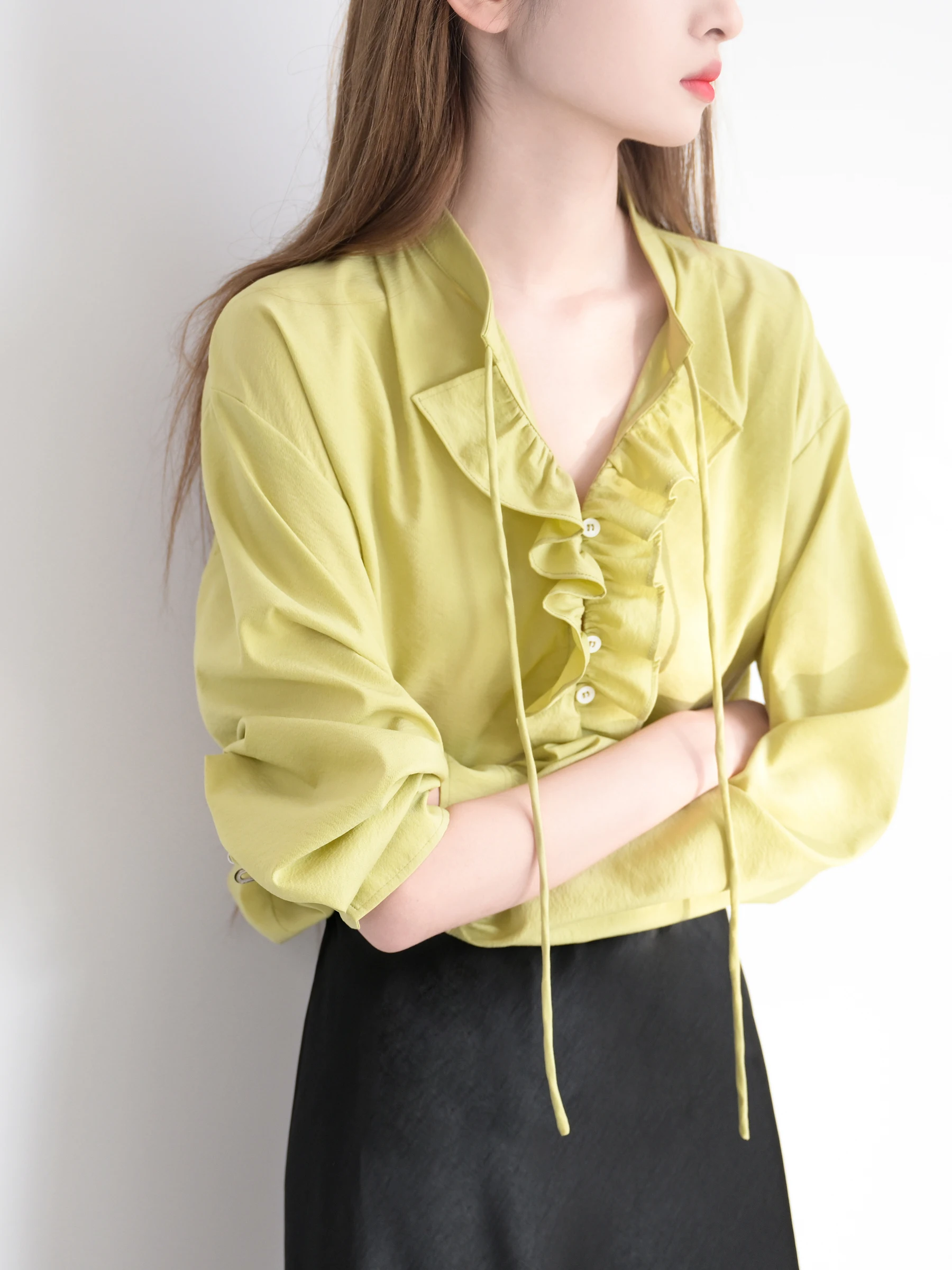 

TRR Anti-Aging Loose Long Sleeve Shirt with Bow Tie And Lace Stand Collar Women's Fashionable Sweet Style Cotton Blend Blouse