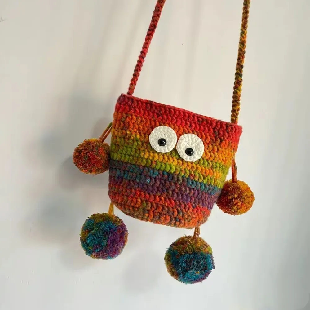 Hand Crochet Monster Crossbody Bag Colorful Gradient Yarn Small Shoulder Bag Cute Eyes Pom-pom Decor Kids Mini Messenger Bag