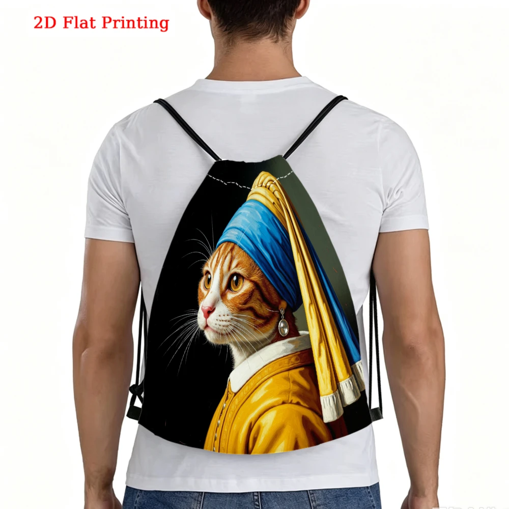 Cat Wearing Pearl Earring Painting Drawstring Backpack for Travel, Shoes, Fitness Sports, Outdoor