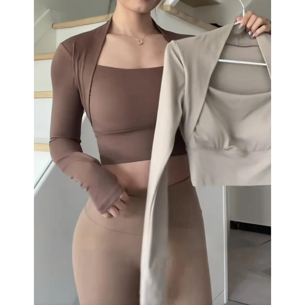 Fitness Chest Cushion Sports Top Women Long Sleeve Shirts Pra Speed Up Short Elegant Dance Yoga Clothes Small Waistband Gym